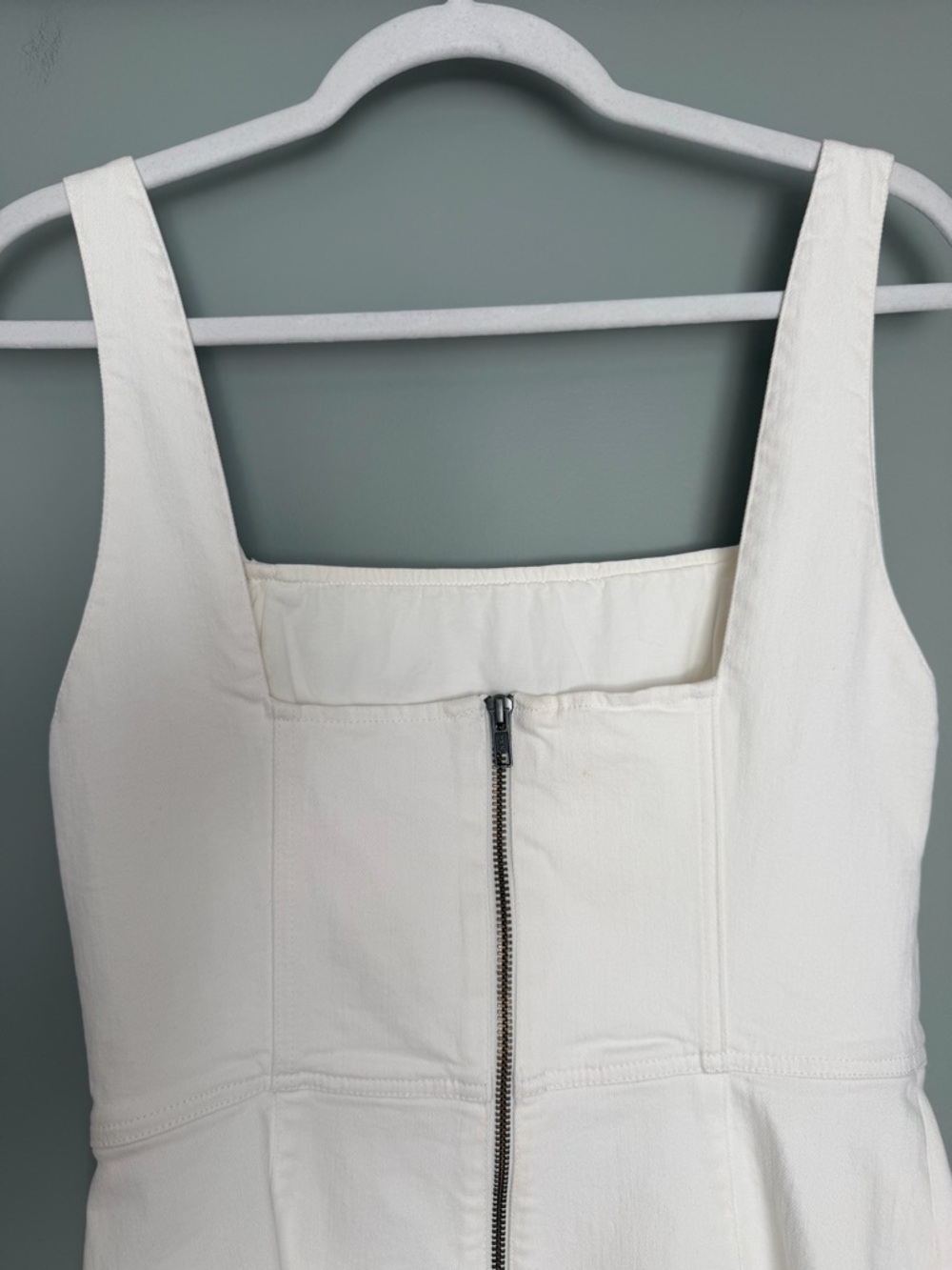 Alice + Olivia Jeans "Maryann" White Sugar Denim Square Neck Mini Dress *Altered - Picture 9 of 17